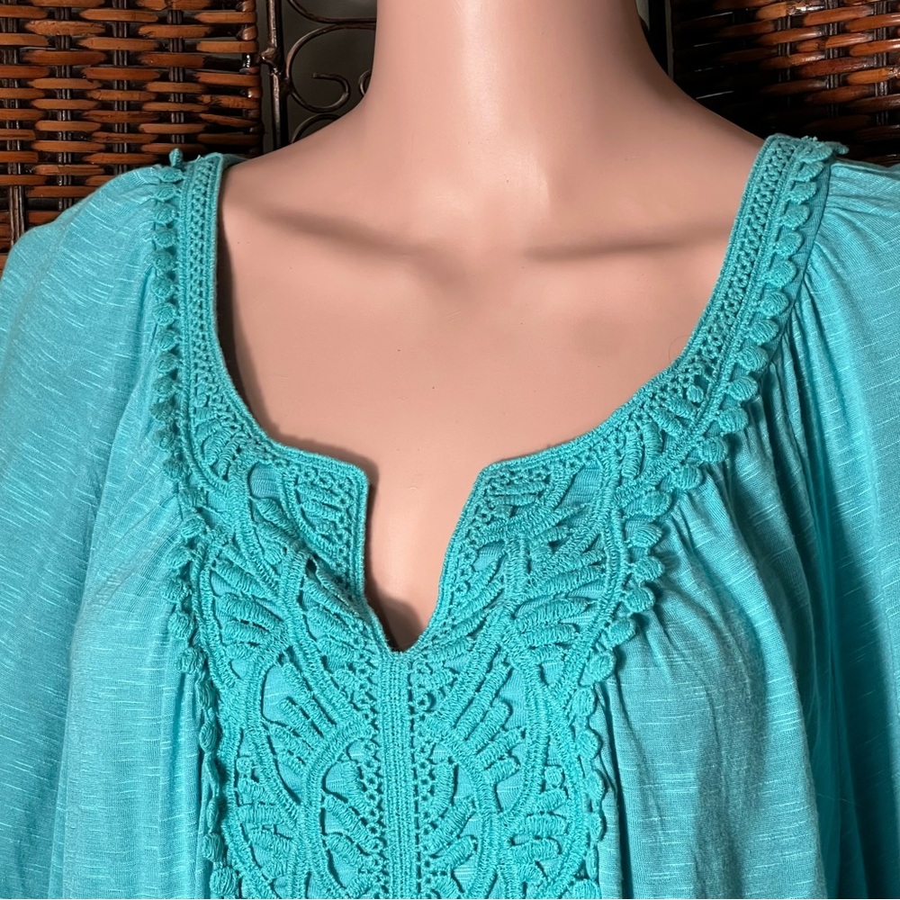 Apt 9 Green Womens Boho Shirt 2X Appliqué Around Neckline Elastic Sleeves Cute - Picture 2 of 6